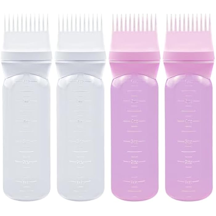 ELANE 4 Pcs Root Comb Applicator Bottle 6oz,Hair Oil Applicator Bottle for Hair,Oil Comb Applicator Hair Bottle Applicator for Hair Dye Shampoos Hair Salons Camping Traveling(white+pink) - Image 1